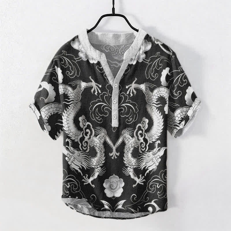 Buddha Stones コットン製ドラゴンクラウドエンブレムメンズ半袖ハーフボタンシャツ - ダークグレー - US/UK/AU50、EU60（5XL） - image 7