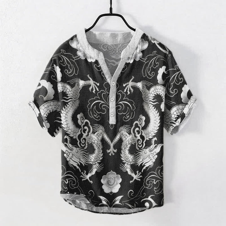 Buddha Stones コットン製ドラゴンクラウドエンブレムメンズ半袖ハーフボタンシャツ - ダークグレー - US/UK/AU50、EU60（5XL） - image 7
