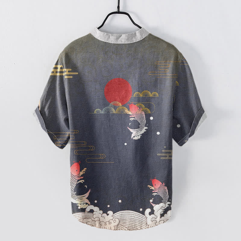 Buddha Stones コットン製鯉赤太陽雲エンブレムメンズ半袖ハーフボタンシャツ - image 1