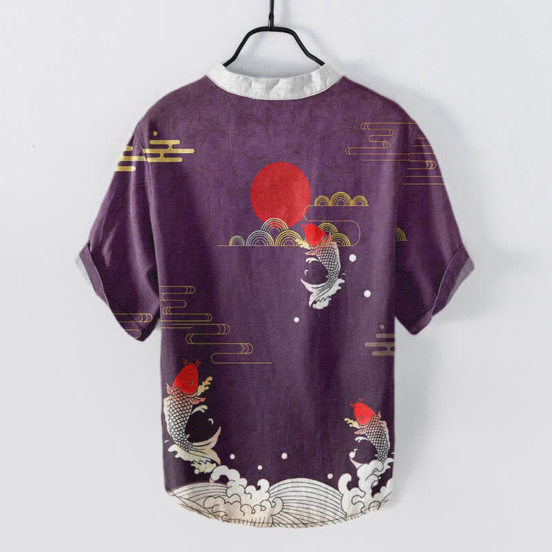 Buddha Stones コットン製鯉赤太陽雲エンブレムメンズ半袖ハーフボタンシャツ - image 6