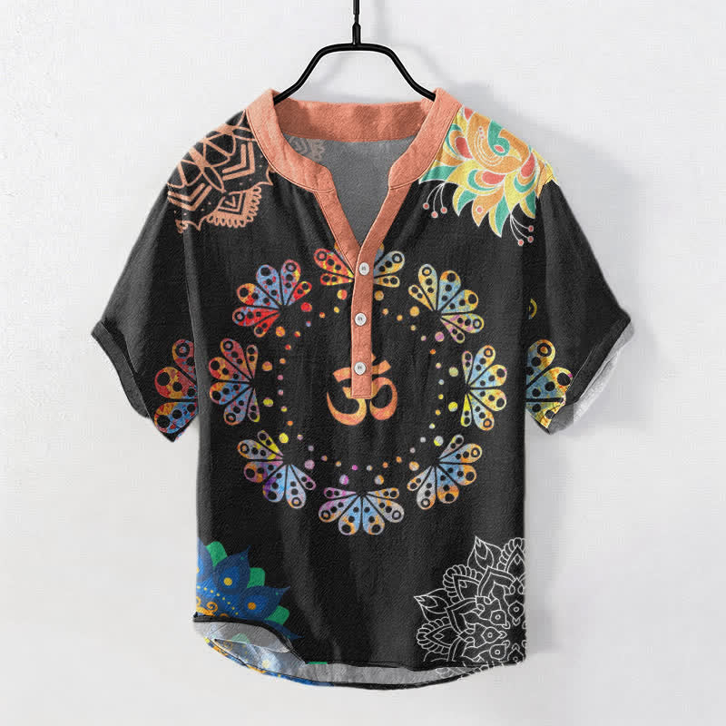 Buddha Stones コットン オム ロータス マンダラ 孔雀 エンブレム メンズ 半袖 ハーフボタンシャツ - 黒 - US/UK/AU50、EU60（5XL） - image 0