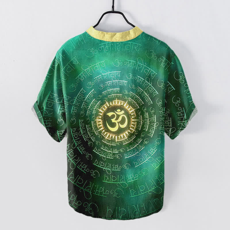 Buddha Stones コットン製オムマントラエンブレム入りメンズ半袖ハーフボタンシャツ - image 6