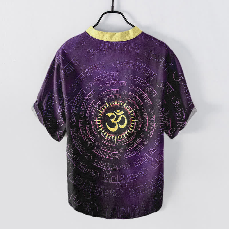 Buddha Stones コットン製オムマントラエンブレム入りメンズ半袖ハーフボタンシャツ - image 8