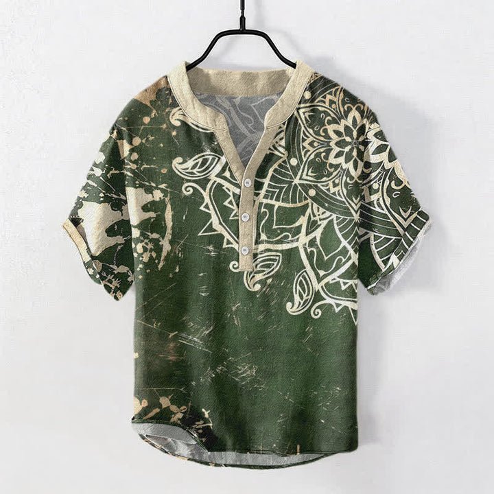 Buddha Stones コットン製ロータスマンダラエンブレム メンズ半袖ハーフボタンシャツ - ダークグリーン - US/UK/AU50、EU60（5XL） - image 0