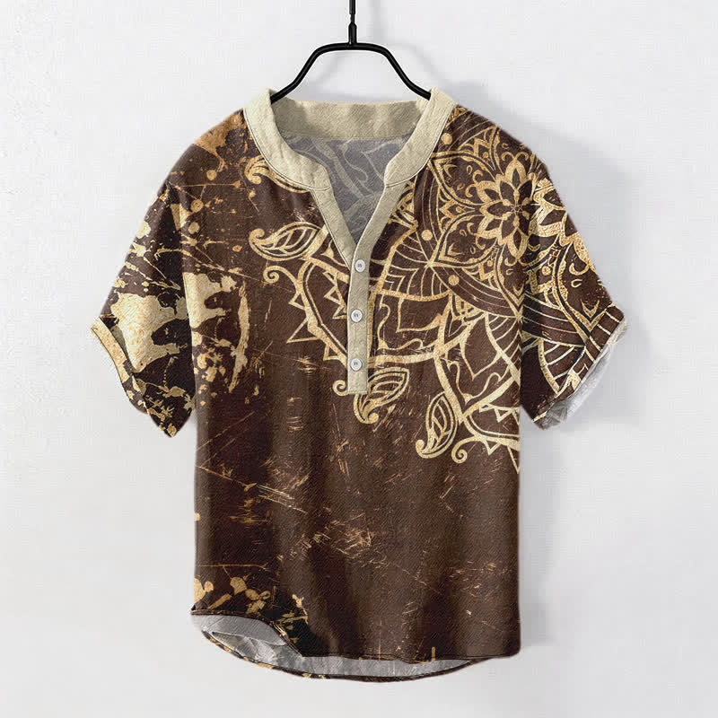 Buddha Stones コットン製ロータスマンダラエンブレム メンズ半袖ハーフボタンシャツ - サドルブラウン - US/UK/AU50、EU60（5XL） - image 5