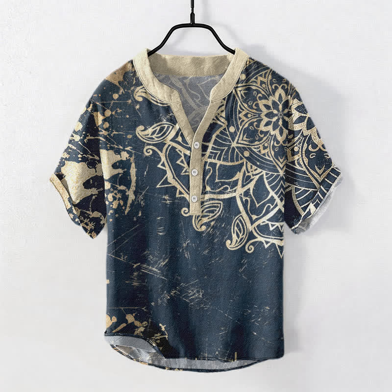 Buddha Stones コットン製ロータスマンダラエンブレム メンズ半袖ハーフボタンシャツ - スチールブルー - US/UK/AU50、EU60（5XL） - image 7