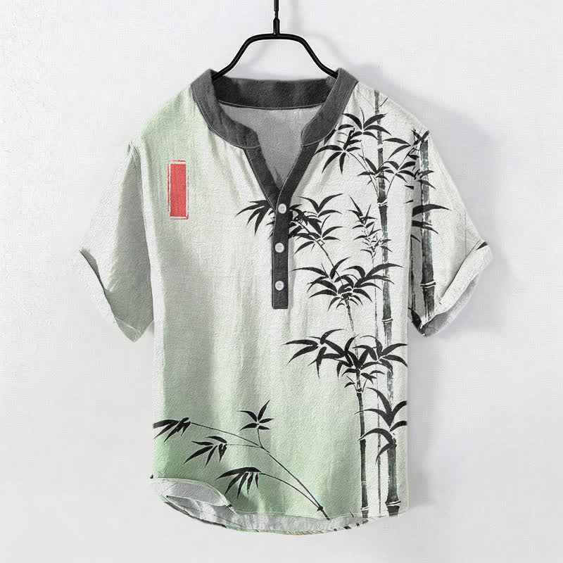 Buddha Stones コットンバンブーエンブレム メンズ 半袖ハーフボタンシャツ - 甘露 - US/UK/AU50、EU60（5XL） - image 0