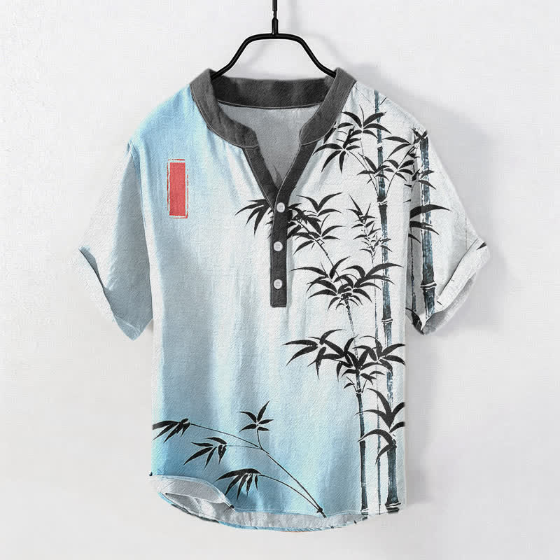 Buddha Stones コットンバンブーエンブレム メンズ 半袖ハーフボタンシャツ - 水色 - US/UK/AU50、EU60（5XL） - image 3