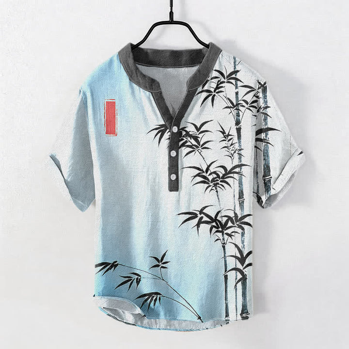 Buddha Stones コットンバンブーエンブレム メンズ 半袖ハーフボタンシャツ - 水色 - US/UK/AU50、EU60（5XL） - image 3