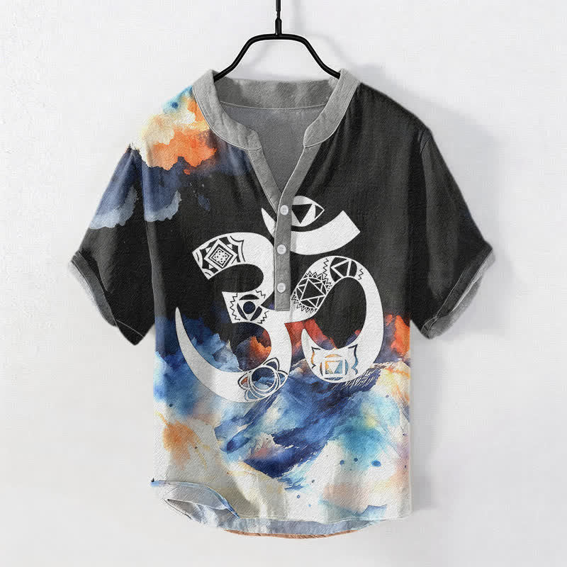 Buddha Stones コットン製オムチャクラエンブレム メンズ半袖ハーフボタンシャツ - 黒 - US/UK/AU50、EU60（5XL） - image 0