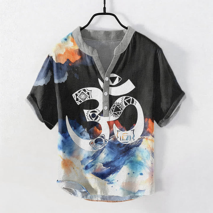 Buddha Stones コットン製オムチャクラエンブレム メンズ半袖ハーフボタンシャツ - 黒 - US/UK/AU50、EU60（5XL） - image 0