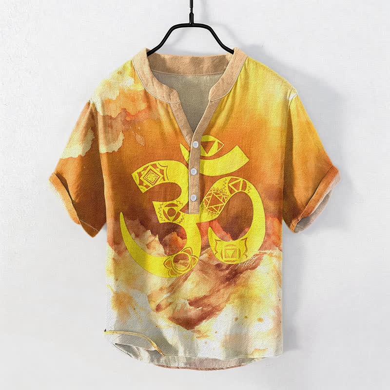 Buddha Stones コットン製オムチャクラエンブレム メンズ半袖ハーフボタンシャツ - オレンジ - US/UK/AU50、EU60（5XL） - image 3