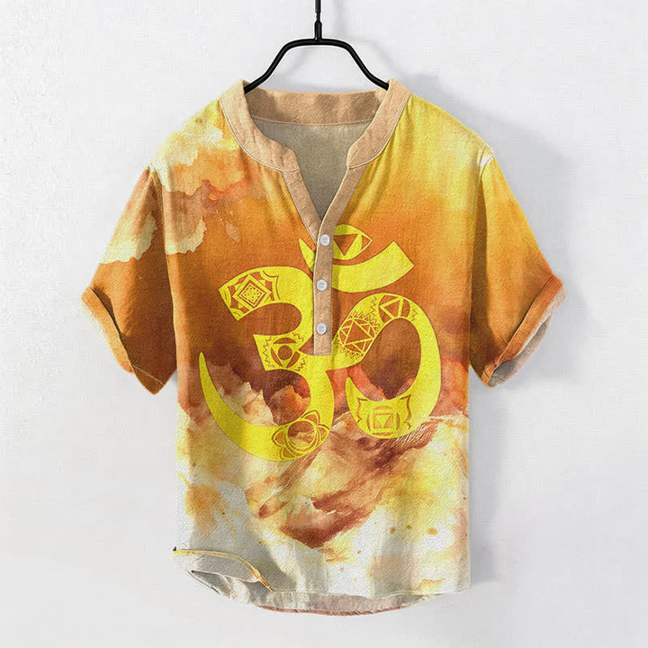 Buddha Stones コットン製オムチャクラエンブレム メンズ半袖ハーフボタンシャツ - オレンジ - US/UK/AU50、EU60（5XL） - image 3