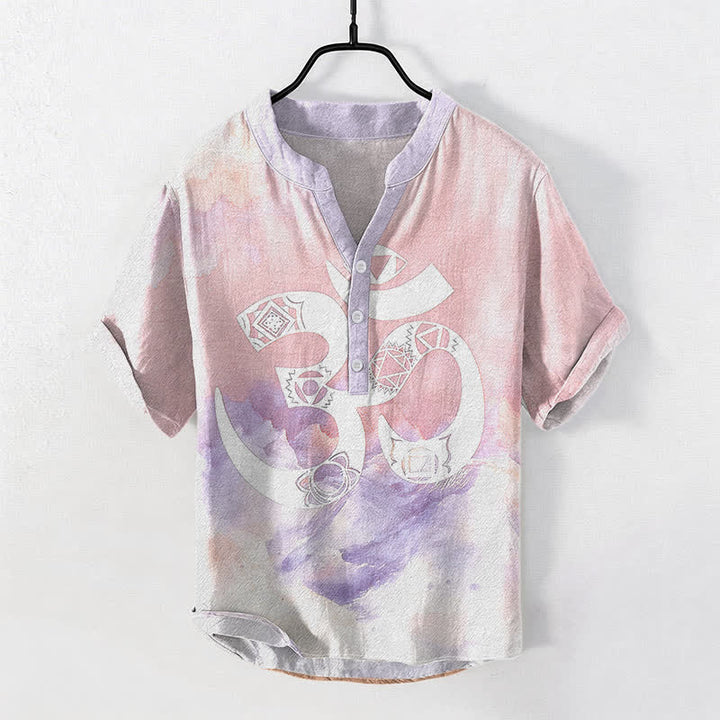 Buddha Stones コットン製オムチャクラエンブレム メンズ半袖ハーフボタンシャツ - ライトピンク - US/UK/AU50、EU60（5XL） - image 5