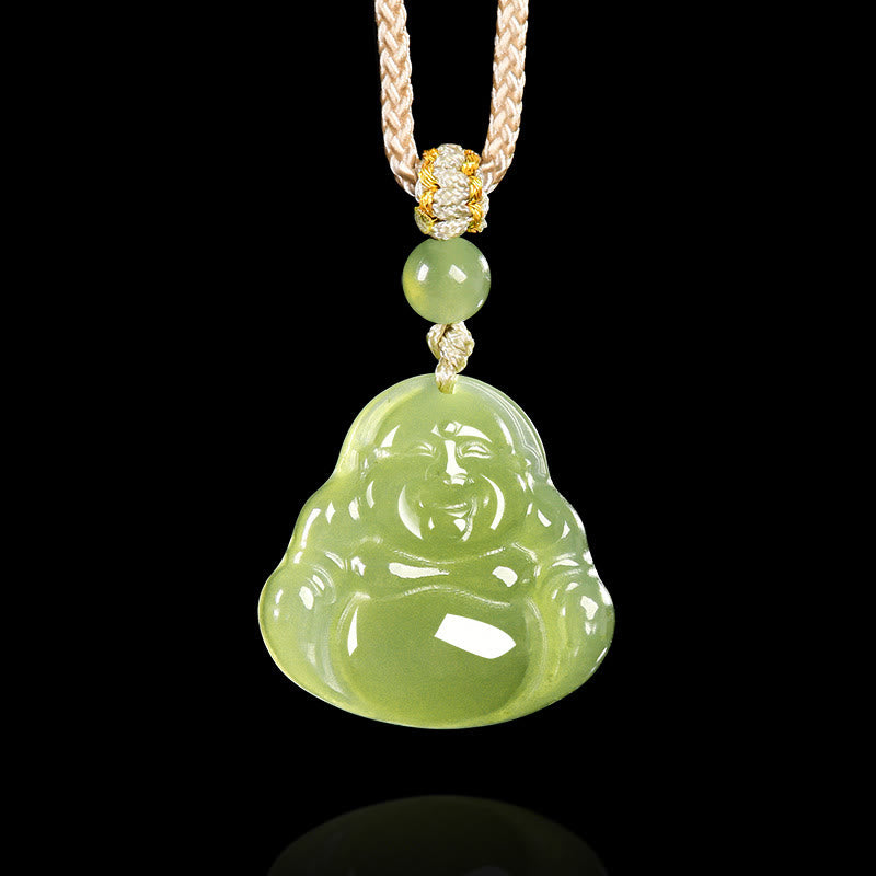 Buddha Stones 緑翡翠の笑う仏陀豊かさロープネックレスペンダント - 天然翡翠（色味は個体差があります） - image 0