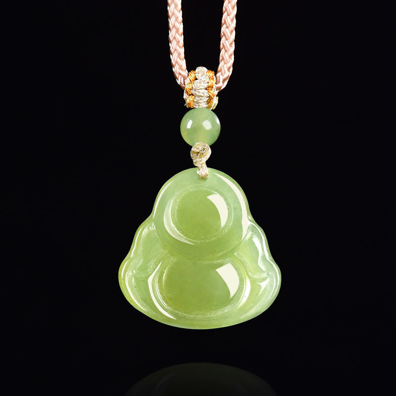 Buddha Stones 緑翡翠の笑う仏陀豊かさロープネックレスペンダント - image 3