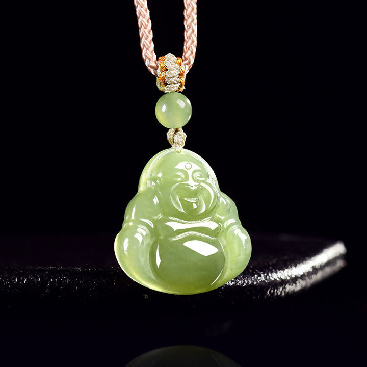 Buddha Stones 緑翡翠の笑う仏陀豊かさロープネックレスペンダント - image 2