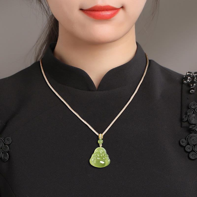 Buddha Stones 緑翡翠の笑う仏陀豊かさロープネックレスペンダント - image 9