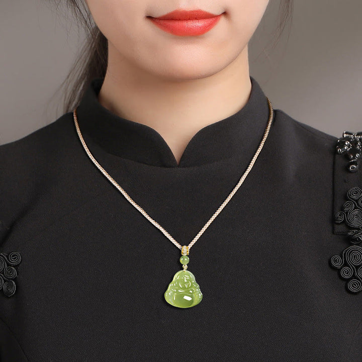 Buddha Stones 緑翡翠の笑う仏陀豊かさロープネックレスペンダント - image 9