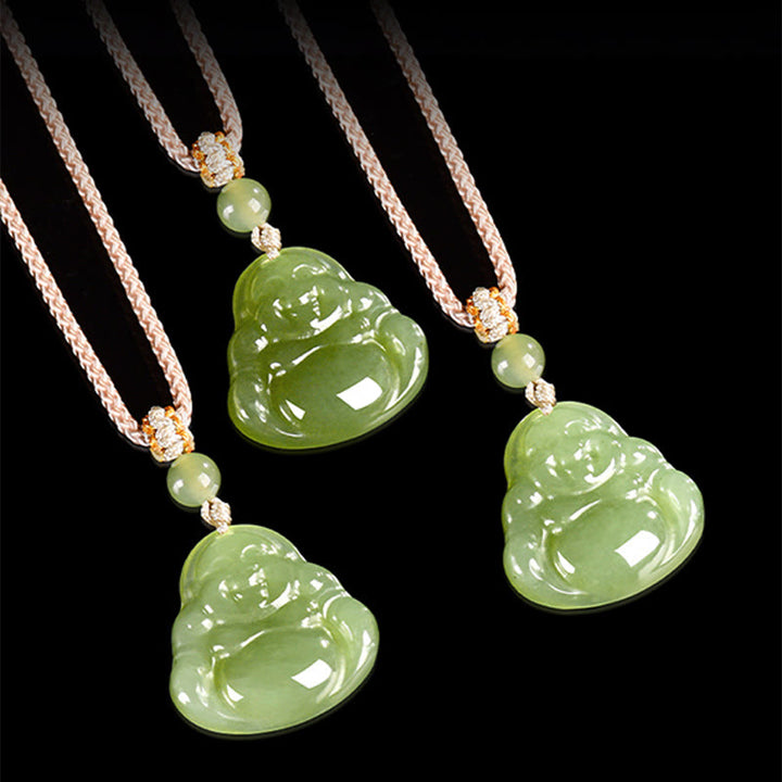 Buddha Stones 緑翡翠の笑う仏陀豊かさロープネックレスペンダント - image 4