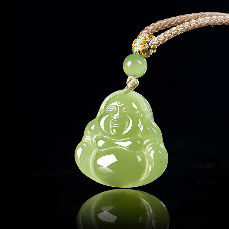 Buddha Stones 緑翡翠の笑う仏陀豊かさロープネックレスペンダント - image 1