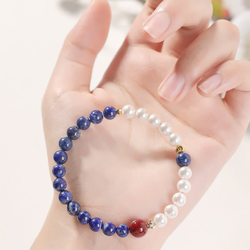 Buddha Stones ラピスラズリ、ラズライト、パール、辰砂のポジティブビーズブレスレット - image 8