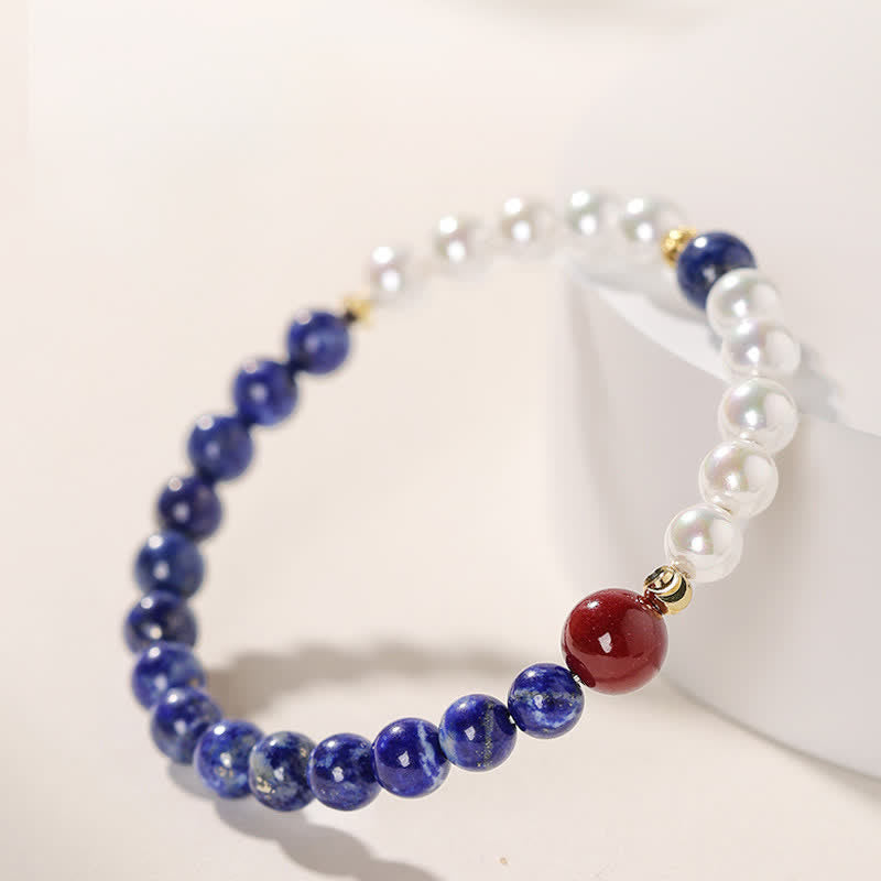 Buddha Stones ラピスラズリ、ラズライト、パール、辰砂のポジティブビーズブレスレット - image 2