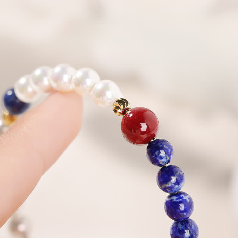 Buddha Stones ラピスラズリ、ラズライト、パール、辰砂のポジティブビーズブレスレット - image 3