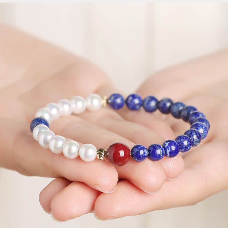 Buddha Stones ラピスラズリ、ラズライト、パール、辰砂のポジティブビーズブレスレット - image 4