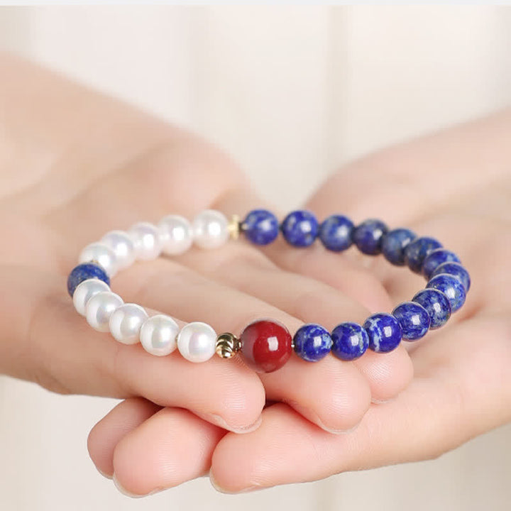 Buddha Stones ラピスラズリ、ラズライト、パール、辰砂のポジティブビーズブレスレット - image 4