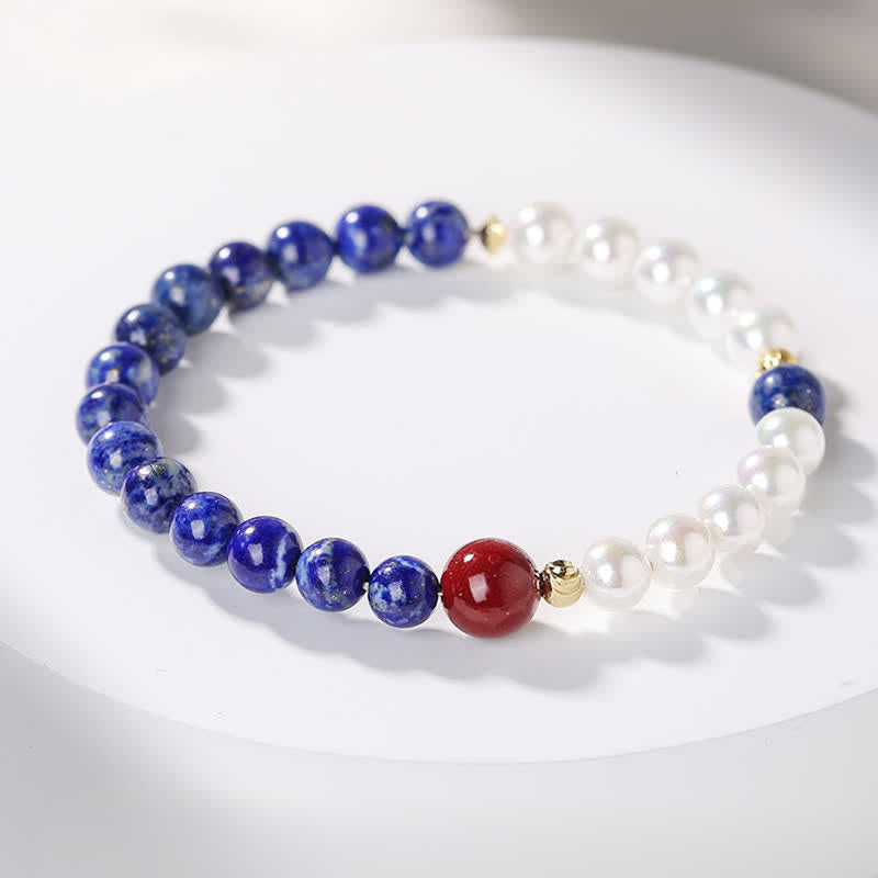 Buddha Stones ラピスラズリ、ラズライト、パール、辰砂のポジティブビーズブレスレット - シングルラップ ラピスラズリ（手首周り14～15cm） - 6mm - image 1