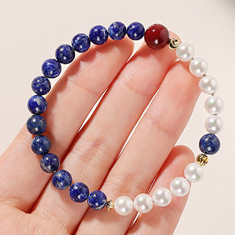 Buddha Stones ラピスラズリ、ラズライト、パール、辰砂のポジティブビーズブレスレット - image 7