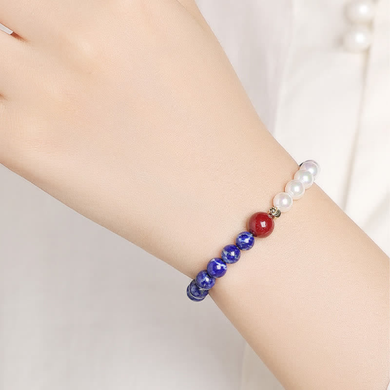 Buddha Stones ラピスラズリ、ラズライト、パール、辰砂のポジティブビーズブレスレット - image 10