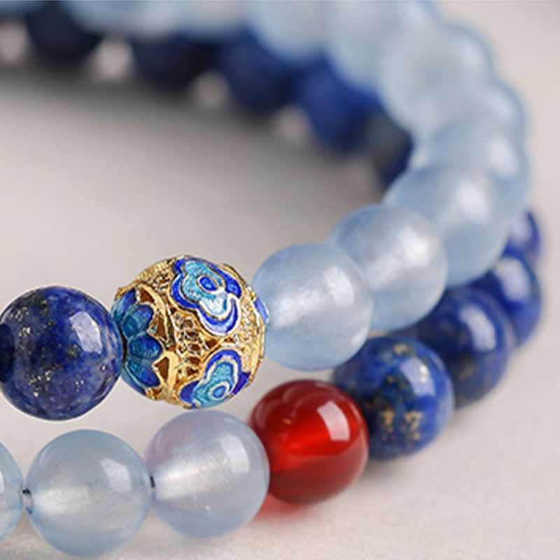 Buddha Stones ラピスラズリ、アクアマリン、レッドアゲートのダブルラップデザインバランスブレスレット - image 7