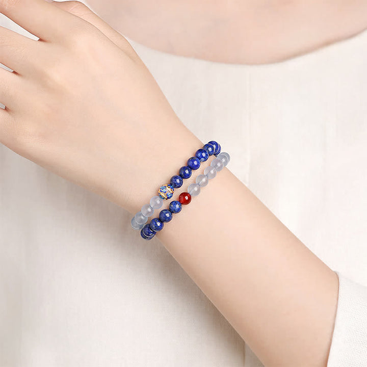 Buddha Stones ラピスラズリ、アクアマリン、レッドアゲートのダブルラップデザインバランスブレスレット - image 4