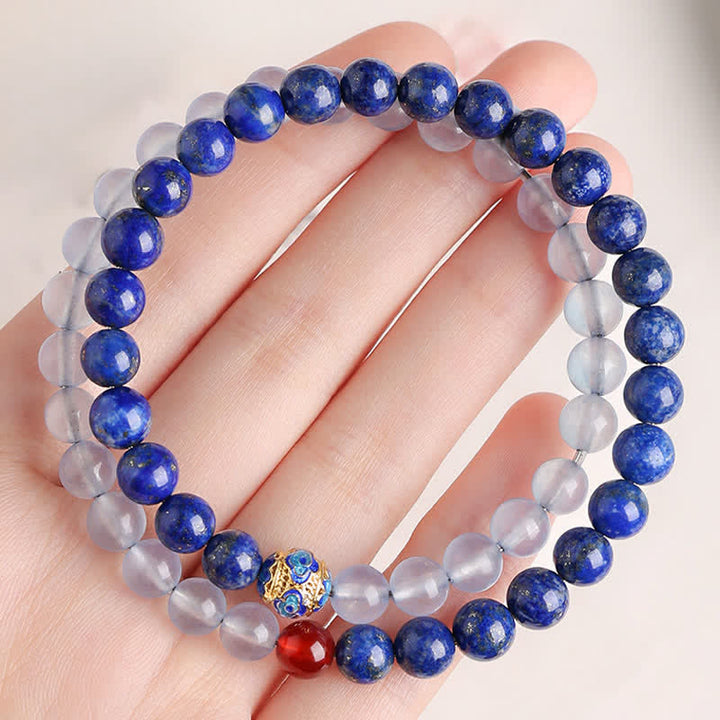 Buddha Stones ラピスラズリ、アクアマリン、レッドアゲートのダブルラップデザインバランスブレスレット - image 2