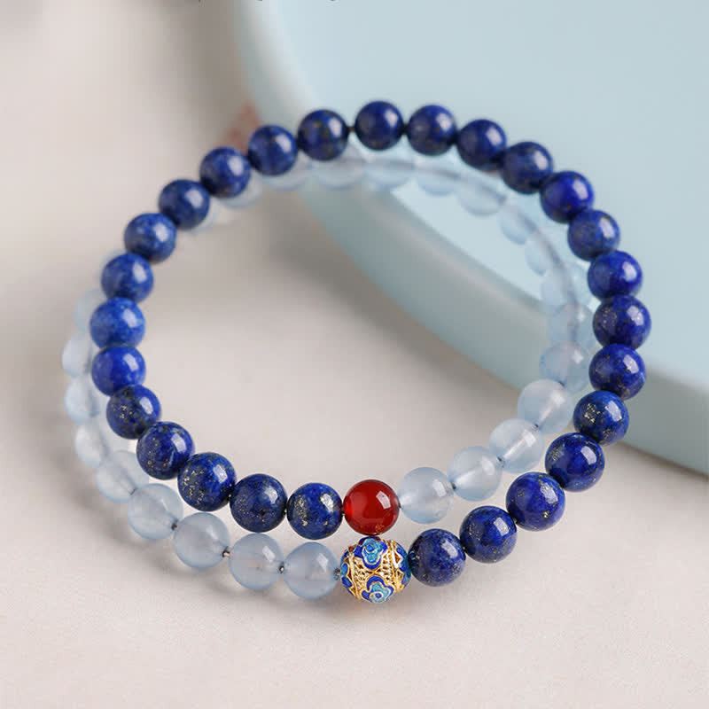 Buddha Stones ラピスラズリ、アクアマリン、レッドアゲートのダブルラップデザインバランスブレスレット - image 1