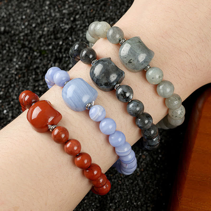 Buddha Stones かわいい猫のデザイン、ブルーレースアゲート、クリアクォーツビーズブレスレット - image 35