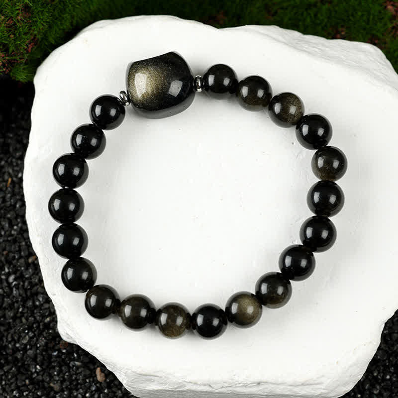 Buddha Stones かわいい猫のデザイン、ブルーレースアゲート、クリアクォーツビーズブレスレット - ゴールドシーンオブシディアン（手首周り15～16cm） - image 24