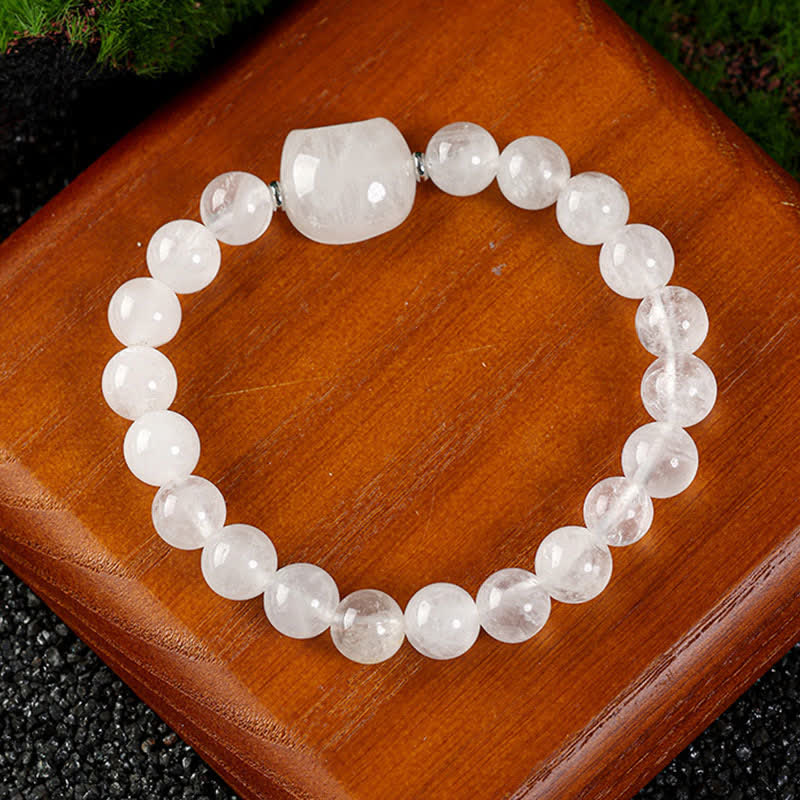 Buddha Stones かわいい猫のデザイン、ブルーレースアゲート、クリアクォーツビーズブレスレット - クリアクォーツ（手首周り15～16cm） - image 2