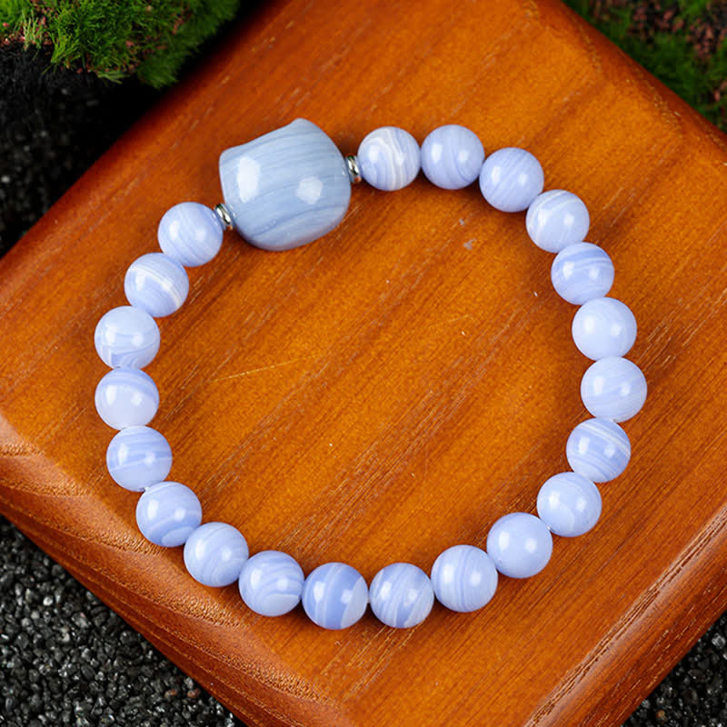 Buddha Stones かわいい猫のデザイン、ブルーレースアゲート、クリアクォーツビーズブレスレット - ブルーレースアゲート（手首周り15～16cm） - image 0