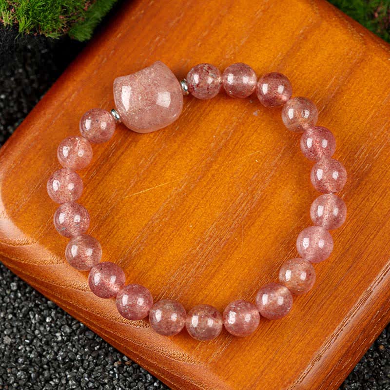 Buddha Stones かわいい猫のデザイン、ブルーレースアゲート、クリアクォーツビーズブレスレット - ストロベリークォーツ（手首周り15～16cm） - image 16