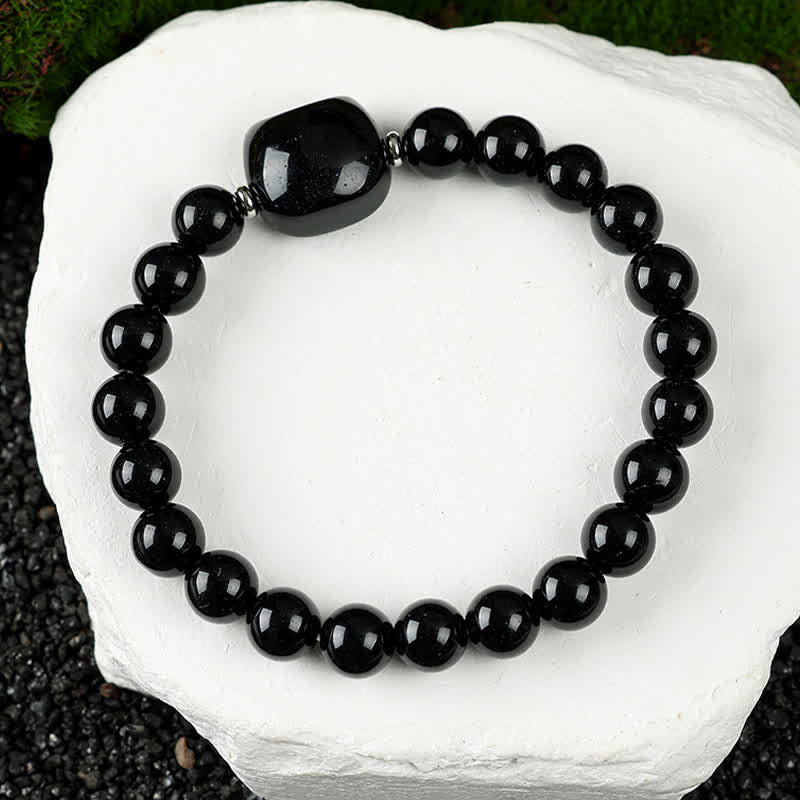 Buddha Stones かわいい猫のデザイン、ブルーレースアゲート、クリアクォーツビーズブレスレット - 黒曜石（手首周り15～16cm） - image 27