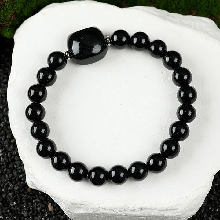 Buddha Stones かわいい猫のデザイン、ブルーレースアゲート、クリアクォーツビーズブレスレット - 黒曜石（手首周り15～16cm） - image 27