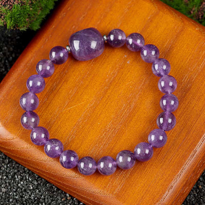 Buddha Stones かわいい猫のデザイン、ブルーレースアゲート、クリアクォーツビーズブレスレット - アメジスト（手首周り15～16cm） - image 10