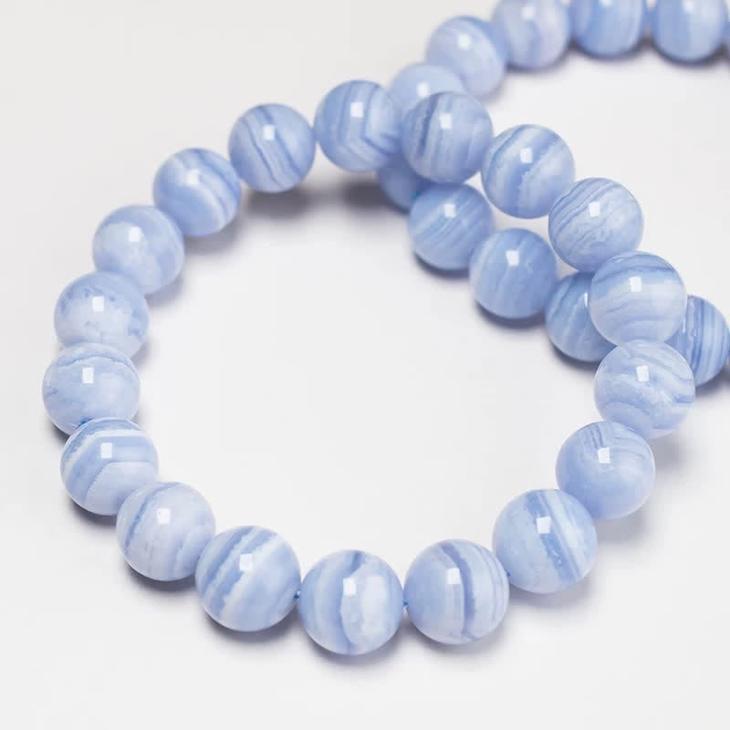 Buddha Stones 丸型デザインの天然ブルーレースアゲートビーズブレスレット - image 1