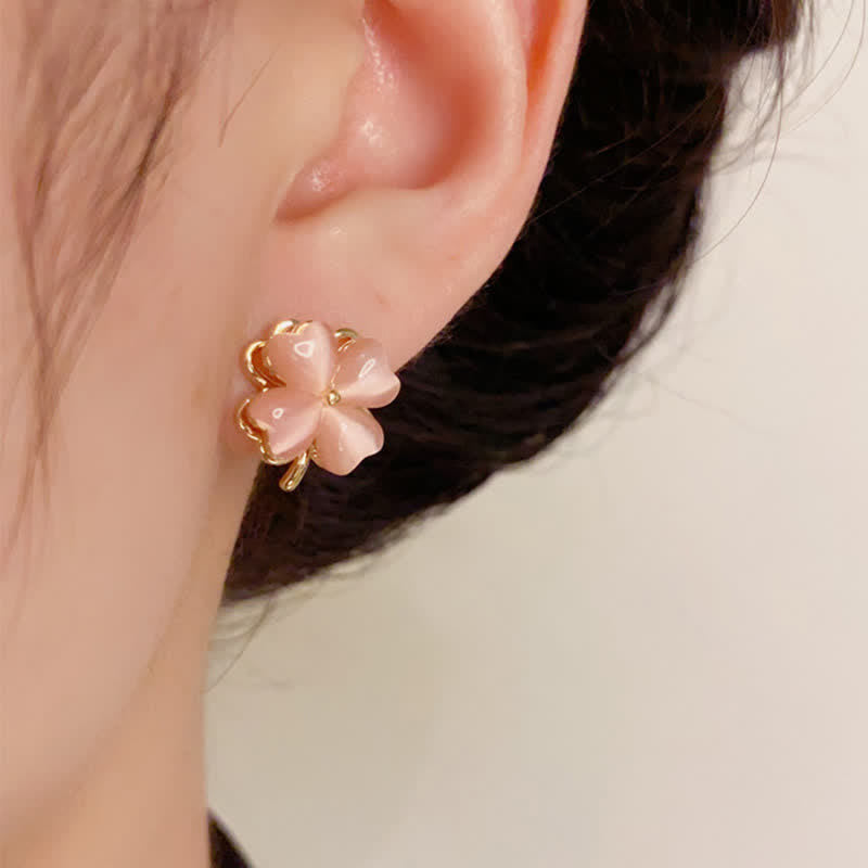 Buddha Stones 回転式デザインの四つ葉のピンクのキャッツアイ型スタッドピアス - image 5