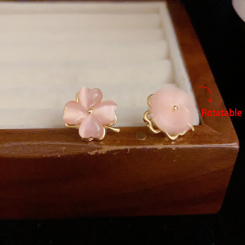 Buddha Stones 回転式デザインの四つ葉のピンクのキャッツアイ型スタッドピアス - image 3