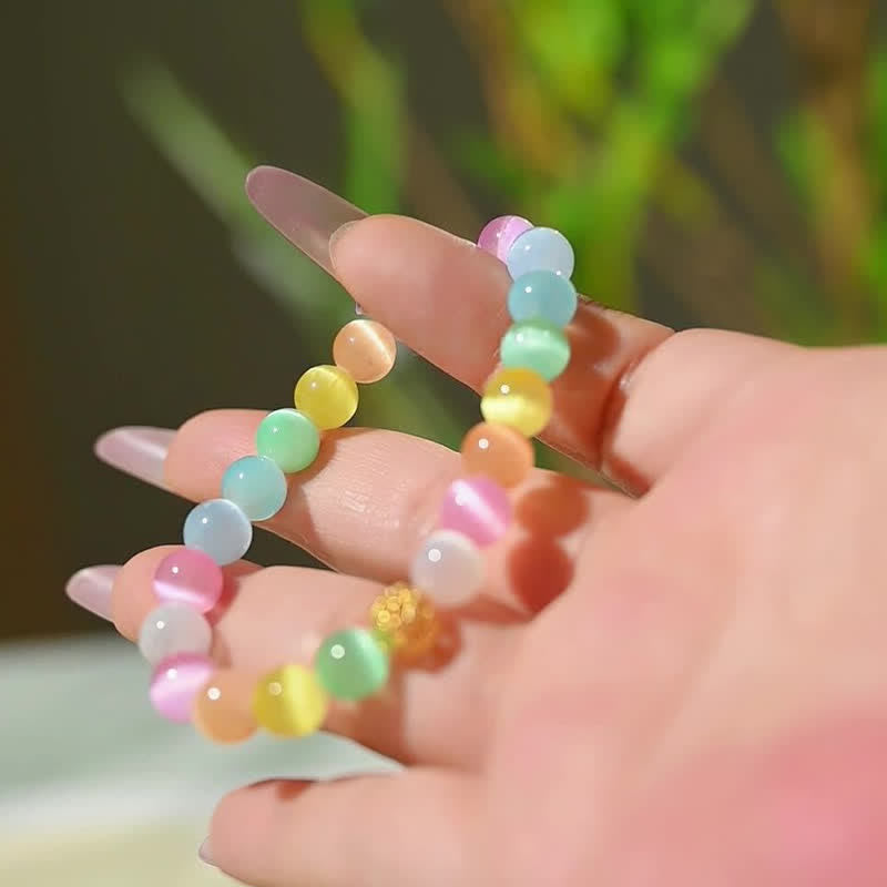 Buddha Stones 中空デザインのマルチカラーキャッツアイラウンドビーズ幸運を呼ぶブレスレット - image 4