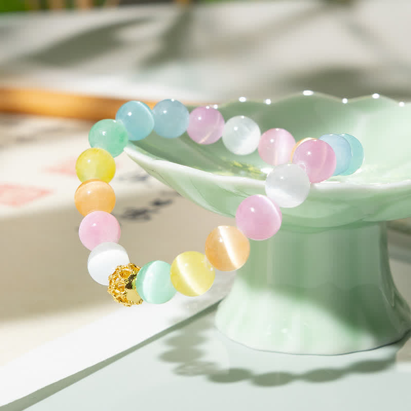 Buddha Stones 中空デザインのマルチカラーキャッツアイラウンドビーズ幸運を呼ぶブレスレット - image 2